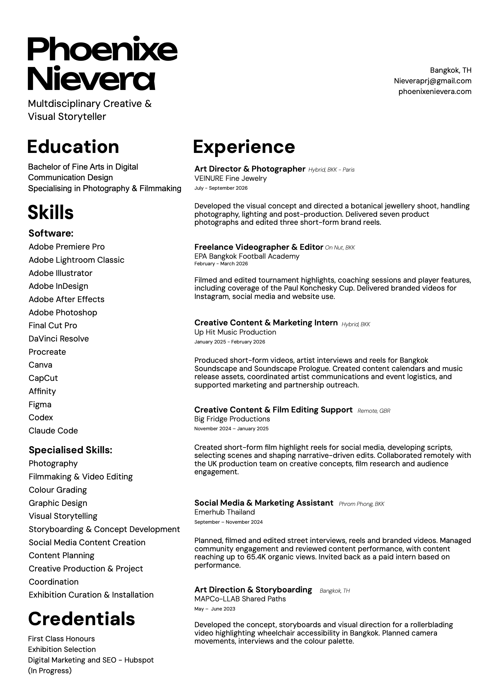 Resume of Phoenixe Nievera, listing education, software and specialised skills, credentials, and creative roles at VEINURE Fine Jewelry, EPA Bangkok Football Academy, Up Hit Music Production, Big Fridge Productions, Emerhub Thailand and MAPCo-LLAB.